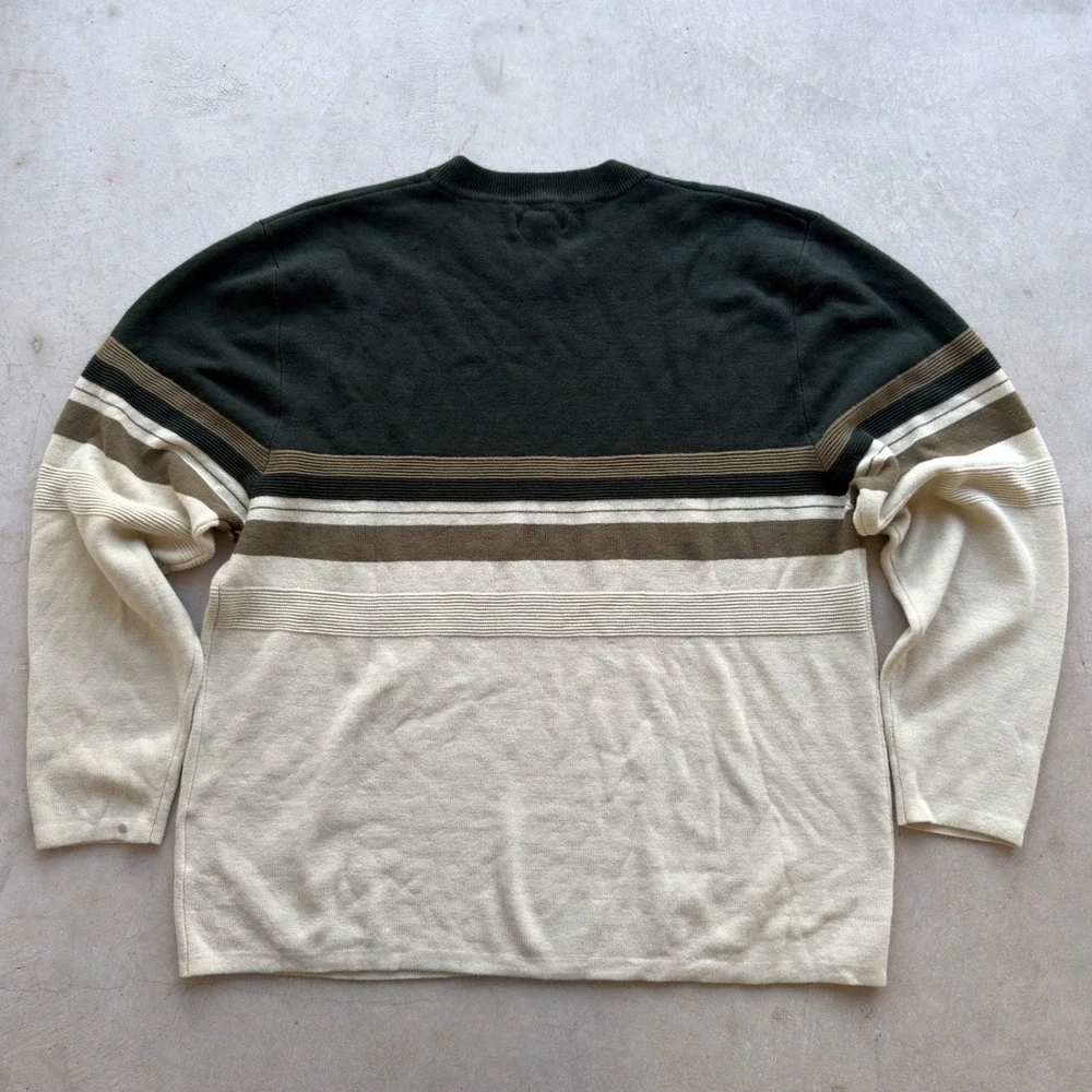 Vintage Unionbay Mens XL Crewneck Sweater Green Tan Cream Striped Acrylic Knit